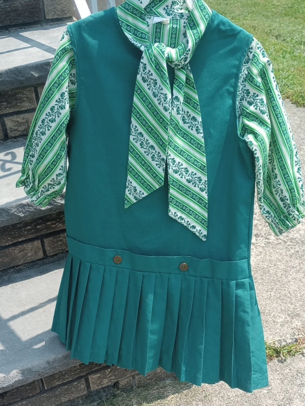 Sears Perma-Prest Green & White Vtg Pleated Irish Shamrock 2-Piece Dress, Sz 6X